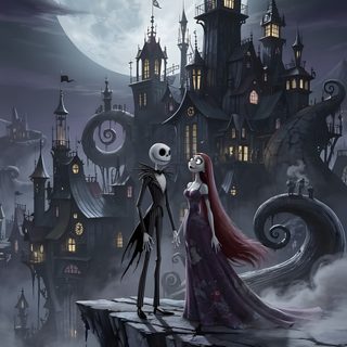 a couple dressed as skeletons standing on a cliff in front of a castle at night Nightmare Before Christmas Halloween Town Tim Burton, Jack Skellington, dark slate gray