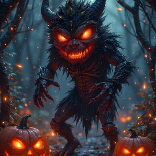 an evil looking creature with glowing eyes and horns in the woods, surrounded by pumpkins Halloween Monsters dark slate gray