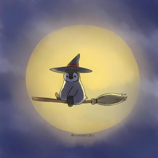a cartoon penguin sitting on top of a broom Penguin Halloween Ghost Penguin, Penguin Wizard, Penguin Art, Moon Penguin, Penguin At Night, dim gray