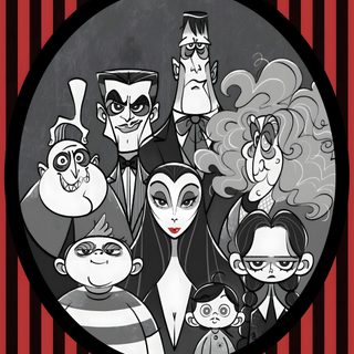 the addams movie poster in black and white with red striped background, surrounded by cartoon characters Halloween Family Cameos Adama Family, Addams Familycartoon, Adams Family, dark slate gray