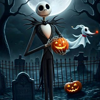 a skeleton holding a jack o lantern in front of a cemetery with pumpkins on it Zero Halloween Halloween Nightmare Before Christmas, Tim Burton Halloween, Jack The Skeleton, dark slate gray