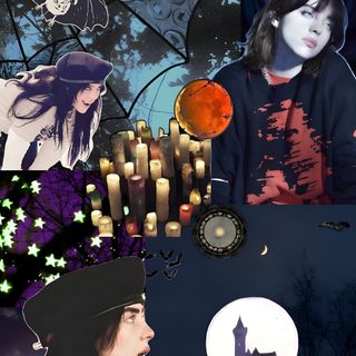 a collage of images with different people and objects in them, including an image of a woman wearing a hat Halloween Billie Eilish Forever Life, Soft, Halloween Iphone, Whimsical Halloween, Halloween, dark slate gray