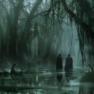 two people standing in the middle of a swampy area with trees and moss growing all around Halloween Swamp Haunted Swamp Background, Scary Swamps, Creepy Swamp, Eerie Swamp, dark slate gray