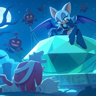 an animated cat is sitting on top of a large object in front of some creepy pumpkins Halloween Sonic Rouge The Bat Background, Rouge Banner Sonic, Sonic Computer, Rouge Banner, dark cyan