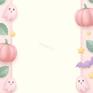 a pink background with pumpkins, bats and stars in the center is an empty space for text Pastel Pastel Aesthetic Halloween floral white