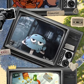 an image of cartoon characters on tvs Gumball Halloween dim gray