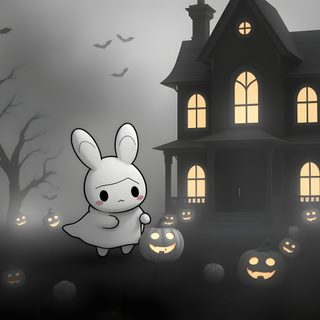 an animated rabbit in front of a house with pumpkins Halloween Bunny Hd Creative Diy Gifts, Class Gift, Black And White, Halloween Night, White, dim gray
