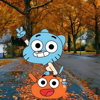 an image of cartoon characters on the street in front of trees with fall foliages Gumball Halloween World Of Gumball, The Amazing World Of Gumball, Art Drawings For Kids, Laptop, saddle brown