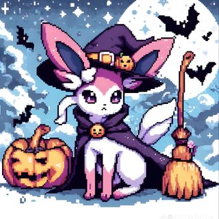 a cross stitch pattern of a cat dressed as a witch with a broom and pumpkins Halloween Sylveon Hd Halloween Sylveon, Autumn Pokemon, Sylveon Pictures, Pokemon Pfp Halloween, dark gray