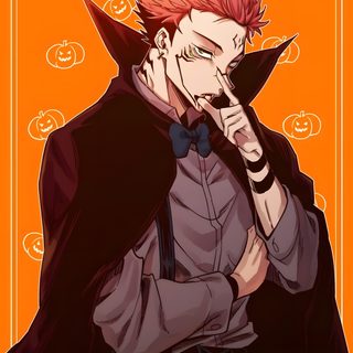 an anime character with red hair wearing a cape and holding his hand to his face Sukuna Halloween saddle brown