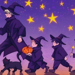 a group of children dressed up as witches walking across a street with pumpkins in their hands Jujustu Kaisen Halloween 1920x1080 Jujustu Kaisen Halloween Pfp, Halloween Jujutsu Kaisen Icons, Gojo Halloween, dark slate blue