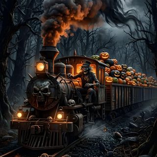 a train with pumpkins on it is going down the tracks in front of some trees Halloween Train Halloween, black
