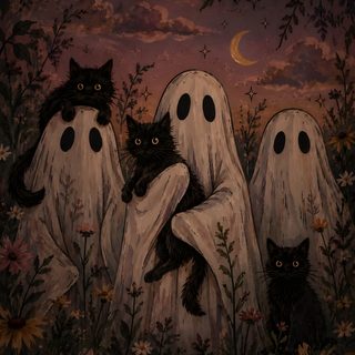three black cats sitting in the middle of two ghost like figures with their heads wrapped around each other Halloween Black Cat black