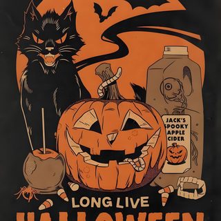 an old halloween poster with cats and pumpkins Vintage Halloween Cat Halloweencore, Halloween Iphone Vintage, Halloween Cat Background Aesthetic, dark slate gray