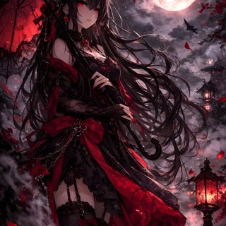 a woman with long black hair standing in front of a full moon and red leaves Dark Halloween Anime Villain Art, Evil Princess Anime, Vampire Anime, Female Anime, Anime Vampire, black