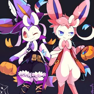 two cartoon characters standing next to each other Halloween Sylveon Hd Sylveon Witch, Goth Sylveon, Halloween Sylveon, Mimikyu X Sylveon, dark slate gray