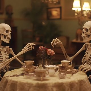 two skeletons sitting at a table with cups and saucers Halloween Skeleton Party Mermaid, Victorian Parlor, Skeleton Sitting At Table, dark olive green