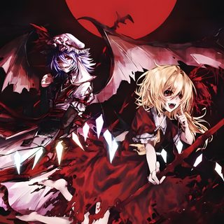 two anime characters in front of a full moon and blood red background with the same character Touhou Halloween Art Pieces, black