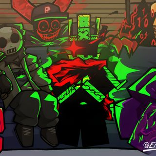 some cartoon characters are sitting in front of a fire place with green and red lights Forsaken Halloween Shattered Realities, Forsaken Tablet, Forsaken Background Pc, dark slate gray