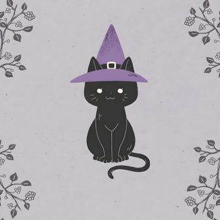 a black cat wearing a purple witches hat Halloween Kitty Lilac Custom Cat Witch Aesthetic, Halloween Chalkboard Art, Halloween Chalkboard, silver