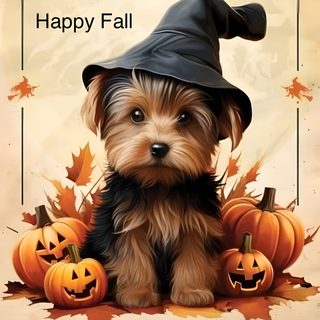 a small dog wearing a witches hat and sitting next to pumpkins with the caption happy fall Yorkie Halloween Autumn Yorkshire Terrier Design, Yorkie Autumn Pictures, Halloween Yorkie Dog Sign, dark salmon