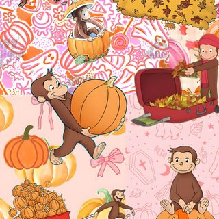 an image of halloween themed wallpaper with monkeys and pumpkins Halloween Monkey Halloween Curios George, Curious George Halloween, Curious George Autumn, burlywood