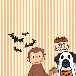 a monkey and a dog are standing in front of pumpkins Curious George Halloween Halloween, Halloween Backgrounds, Curious George Halloween, navajo white