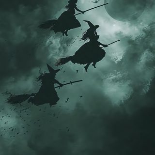 three witches riding on brooms in the sky Basic Witch Halloween Pretty Backgrounds Nature, Hexen, Vintage Witch Iphone, Witch Broom, dark slate gray