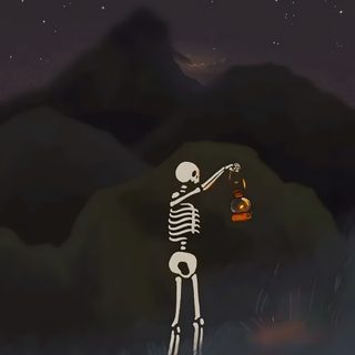 a skeleton holding a lantern in the night sky Cute Halloween Skeleton Skeleton Aesthetic, Mr Skeleton, Cartoon Skeleton, dark slate gray