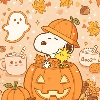 a cartoon dog in a pumpkin costume surrounded by autumn leaves Preppy Halloween Snoopy sandy brown