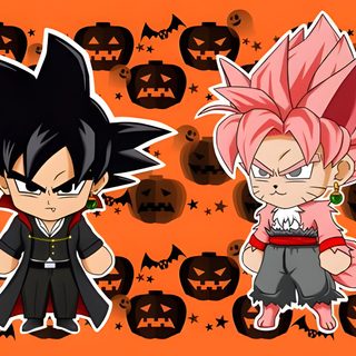 two cartoon characters standing next to each other on an orange background with halloween pumpkins Goku Black Halloween 4k Halloween Dragon Ball, Halloween Goku, Halloween Goku Black Pfp, chocolate
