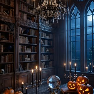 a room filled with lots of books and pumpkins in front of a chandelier Halloween Library black