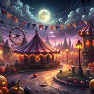 a painting of a carnival at night with pumpkins on the ground and lights in the sky Halloween Carnival Halloween Moon Background Hd, Spooky Themed Digital Backgrounds, Halloween Carnival, dark slate gray