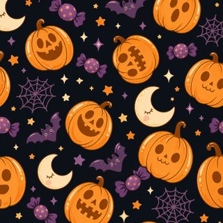 an image of halloween pumpkins and moon on a black background with purple, orange and yellow stars Halloween Pumpkins And Stars Scattered Fall Pumpkins, black