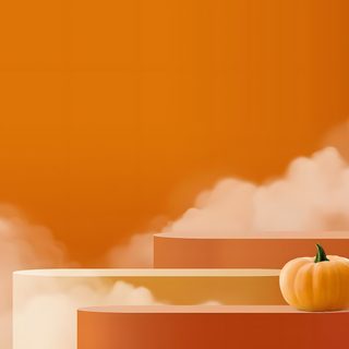 two orange pumpkins sitting on top of a shelf in front of some white clouds Halloween Podium Autumn Pumpkin Decor, Fall-themed Event Setup, Halloween Decoration Ideas, chocolate