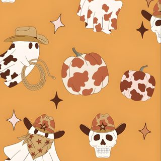 a cow with a cowboy hat and stars on an orange background Cowboy Halloween Halloween Country, Country Halloween, Fall Cow Print, sandy brown