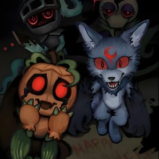 three cartoon characters are standing next to each other in front of a sign that says happy halloween Halloween Dandys World Rudie Dw Fanart, Halloween Toons, Dandy's World Twisted Fanart, black
