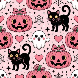 halloween seamless pattern with black cats and pumpkins on pink background, illustration stock photo Black And Pink Halloween Pink Halloween Ipad, Cute Pink Halloween, Kawaii Girly Cute Halloween,
