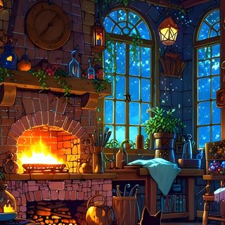 a cat sitting in front of a fire place Aesthetic Halloween Lofi Cozy Background 4k, Aesthetic Cozy 4k, Aesthetic Halloween Lofi, dark slate gray