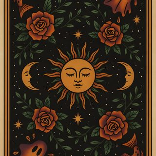 the sun and moon are surrounded by roses Halloween Sun Pattern Halloween Sun Pattern, Fall Witchy Background, Celestial Halloween, black