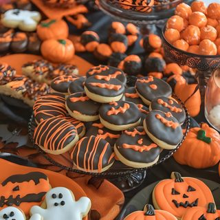 a table topped with lots of halloween cookies Halloween Cookie Halloween Popcorn Mix, Halloween Bites, Popcorn Recipes Easy, sienna
