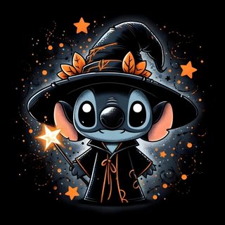 a cartoon character wearing a witches hat and holding a wand with stars in the background Stitch Halloween Laptop Lilo I Stich, Stitch Tattoo, Image Halloween, Lilo And Stitch Quotes, black