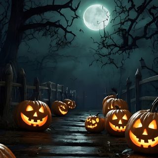 halloween pumpkins lit up on a wooden walkway at night with the moon in the background Halloween Is Coming Spooky Night, Halloween Depth Effect, Halloween Phone Backgrounds, black
