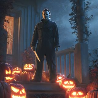 a man with a knife standing in front of pumpkins on the steps at night Halloween Franchise Michael Myers 4k, Halloween Michael Myers, Real Horror, Horror Photos, dark slate gray