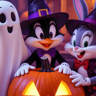 two rabbits dressed as witches and one bunny in a jack - o - lantern costume Halloween Animaniacs Globe, Scooby Doo Pictures, Good Night Beautiful, Creepy Decor, October Halloween, brown