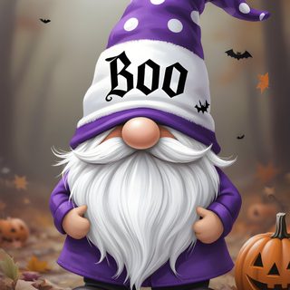 an image of a cartoon gnome with boo on it's face and pumpkins in the background Halloween Gnomes dim gray