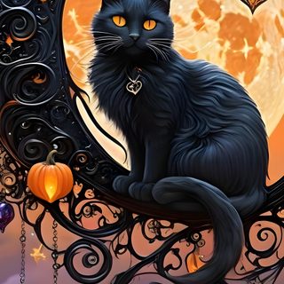 a black cat sitting on top of a moon with pumpkins hanging from it's sides Black Cat Diamonds For Halloween In Halloween Cat Ideas, Black Cat Diamonds For Halloween In, Halloween Black Cat, dark slate gray