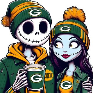 a couple dressed up in green bay packers outfits and matching beanies, holding coffee cups Packers Halloween Betty Boop Green Bay Packers, Green Bay Packers Skull Graphic, Packers Sugar Skull, sienna