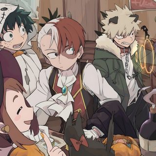 an anime scene with people dressed up in costumes and holding wine bottles, looking at the camera Cute Mha Halloween Halloween, Bakusquad Halloween, Boku No Hero Academia, My Hero Academia, dim gray