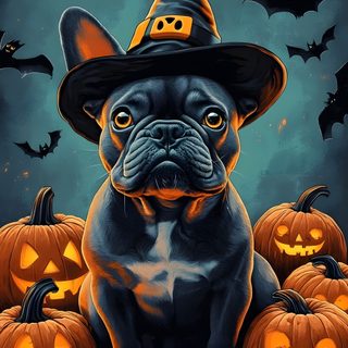 a dog wearing a witches hat sitting in front of pumpkins Halloween French Bulldog Halloween French Bulldog, Frenchie Halloween, French Bulldog Autumn Pumpkin Art, dark slate gray